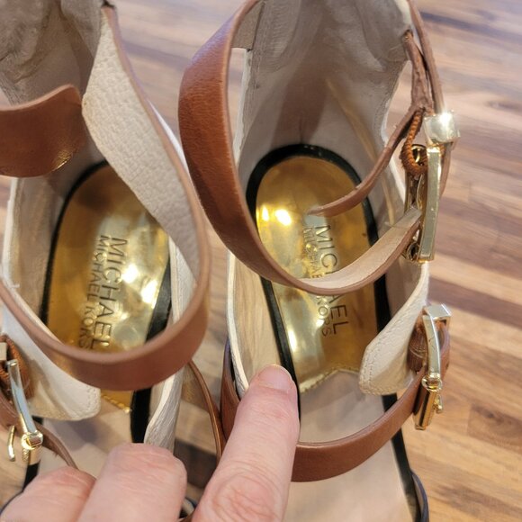 BEAUTIFUL Michael Kors Adriana Ankle Strap Brown/Cream High Heel Pumps Open Toe - Picture 9 of 16